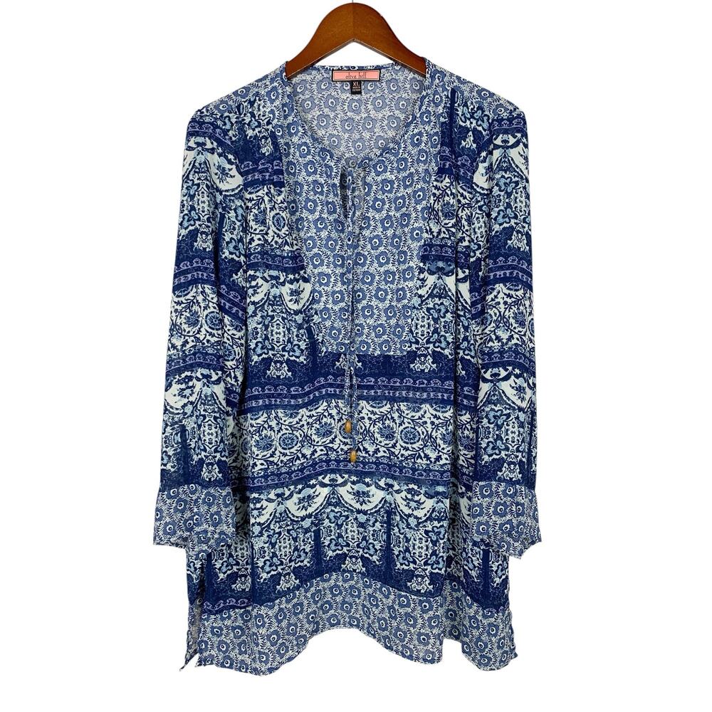 Olive Hill Tunic Blouse Blue Boho Mosaic Paneled Peasant Style Top Women's XL